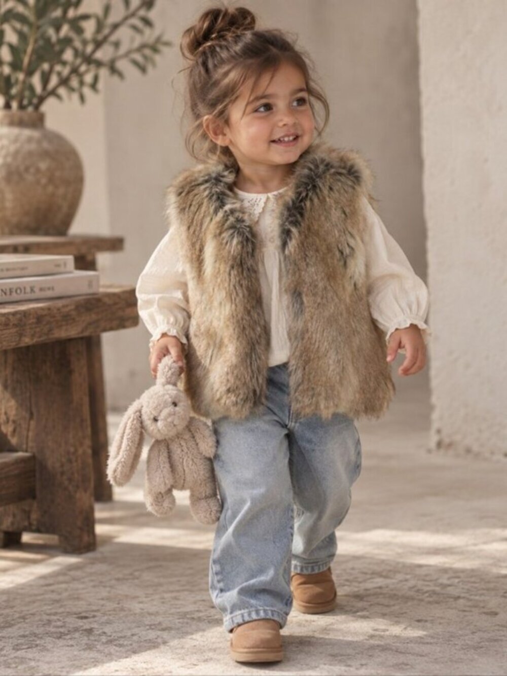 Zara Baby Girls Faux Fur Vest 2-3Y Brown Tan Boho Luxe Gilet